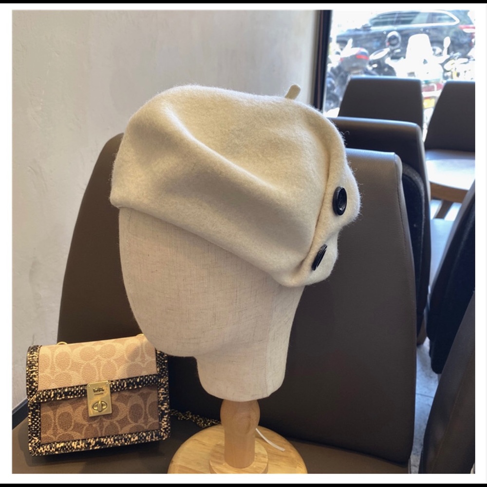 New Cream color beautiful wool blend button beret painters hat - Picture 7 of 8